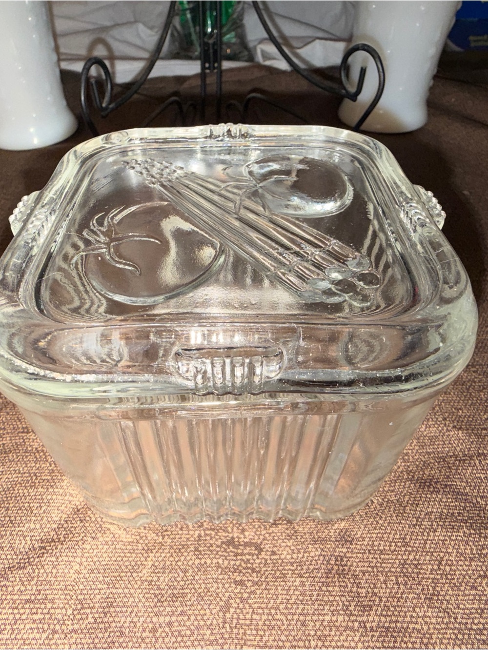 Vintage Clear Glass Refrigerator Crisper Dish with Vegetable Lid